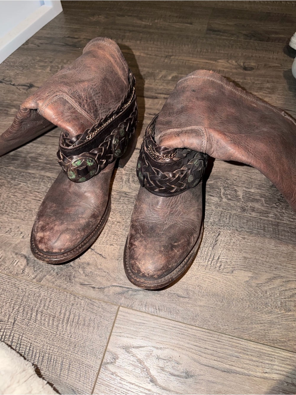 Freebird Rustic Brown Leather Mid-Calf Boots with Braided Strap - Picture 1 of 5